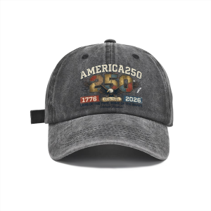 Dark grey washed distressed cotton baseball cap featuring vintage bald eagle America 250 Land of the Free patriotic front graphic