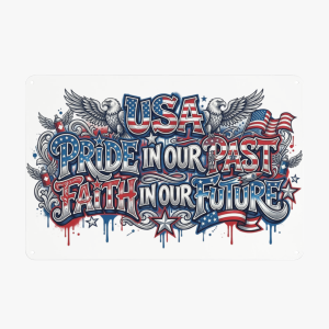 Flat lay rectangular tin sign, bold vintage graffiti typography "USA Pride In Our Past Faith In Our Future", two spread-wing bald eagles, US flags, spray cans, star motifs and red-white-blue paint drips for USA 250th independence decor