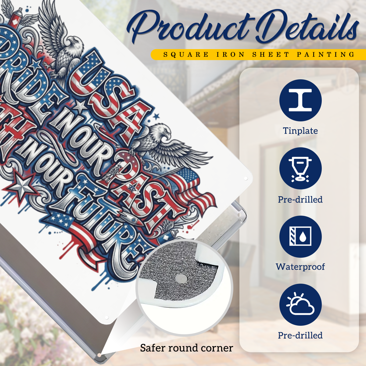 Product detail close-up: Lightweight tinplate material, smooth safe rounded anti-scratch corners, pre-punched mounting holes, durable waterproof coating for 250 years USA heritage metal wall art