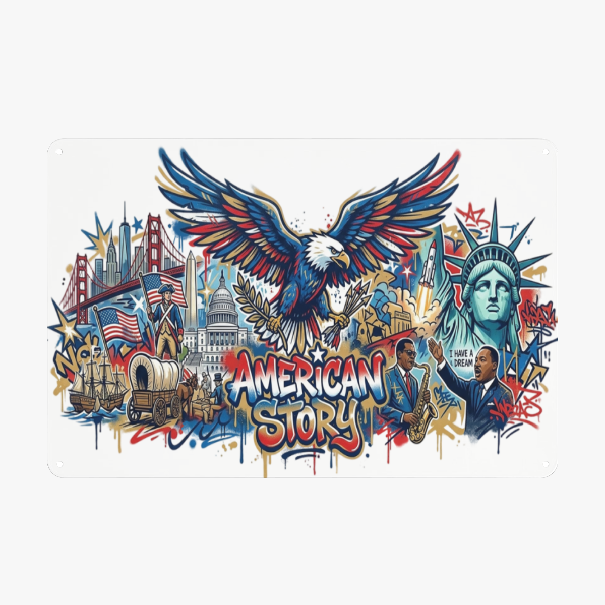 Flat lay of rectangular tin sign, street art graffiti "AMERICAN STORY" design featuring bald eagle, Statue of Liberty, Golden Gate Bridge, Capitol, American flag and iconic American historical icons for 250 years of independence