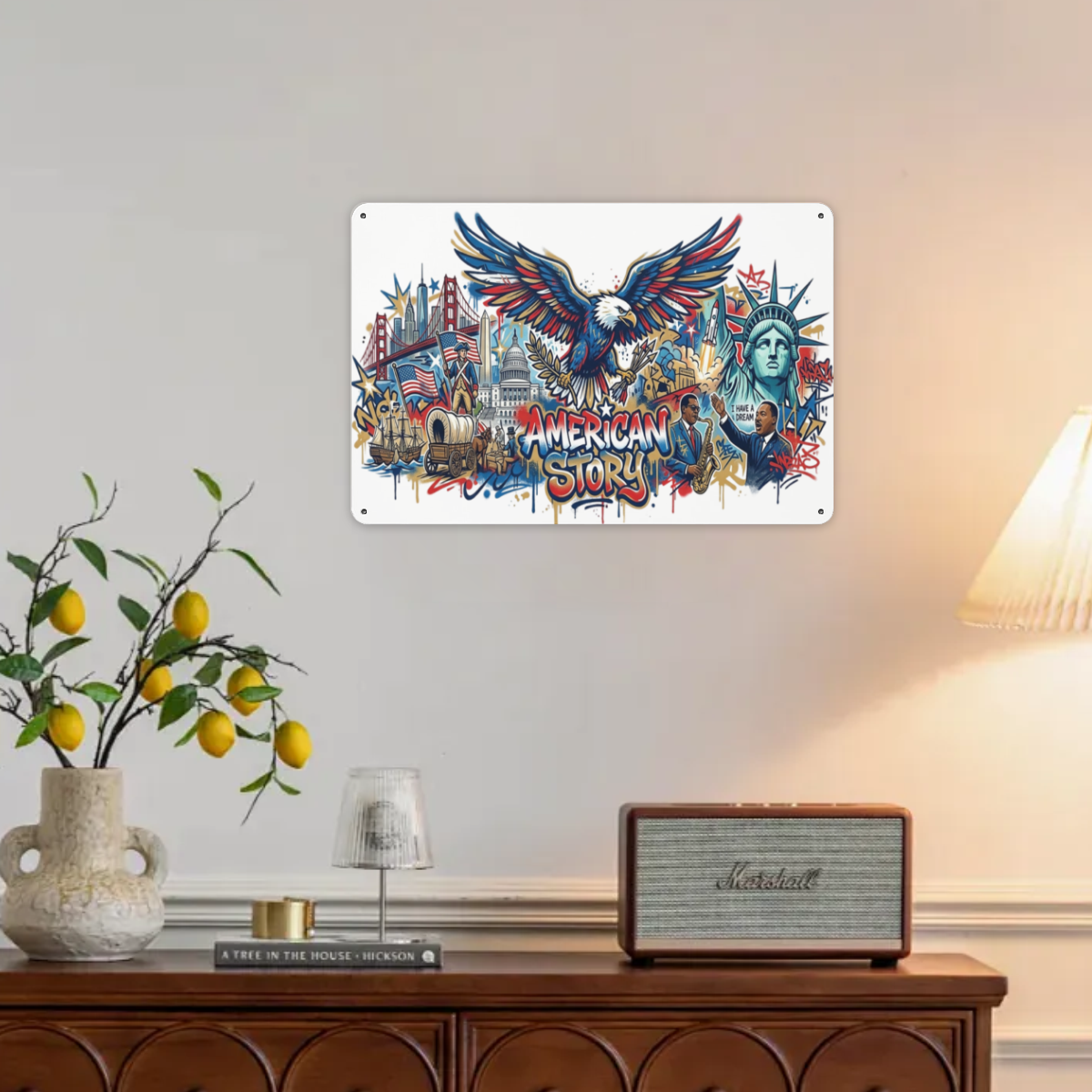 Lifestyle interior shot: American Story patriotic tin sign mounted on plain living room wall above wooden side cabinet as vintage home wall decor
