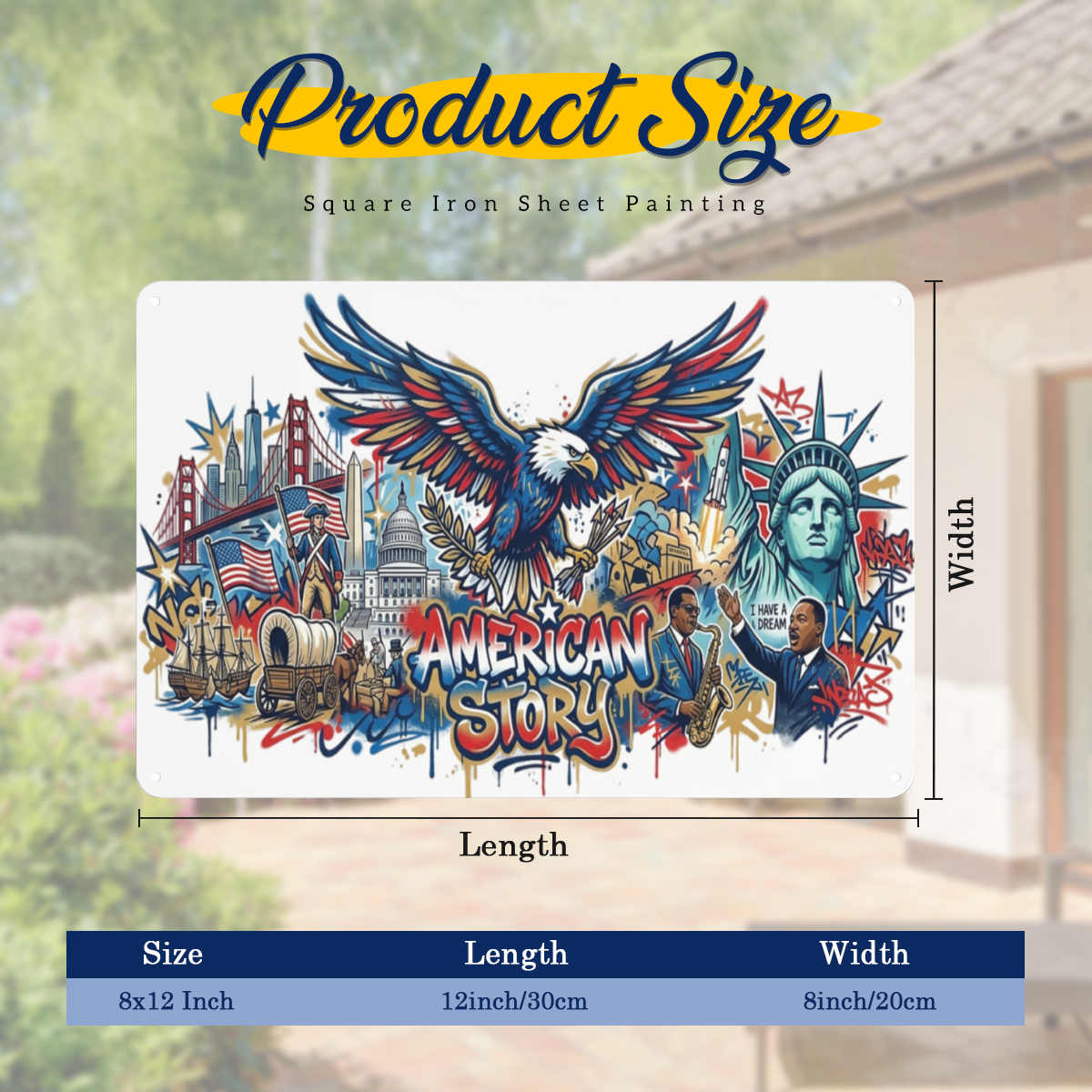 Size chart for 8×12 inch patriotic metal tin sign, graffiti "AMERICAN STORY" print with bald eagle, Statue of Liberty, US landmarks and historical figures, USA 250th anniversary wall plaque dimension diagram