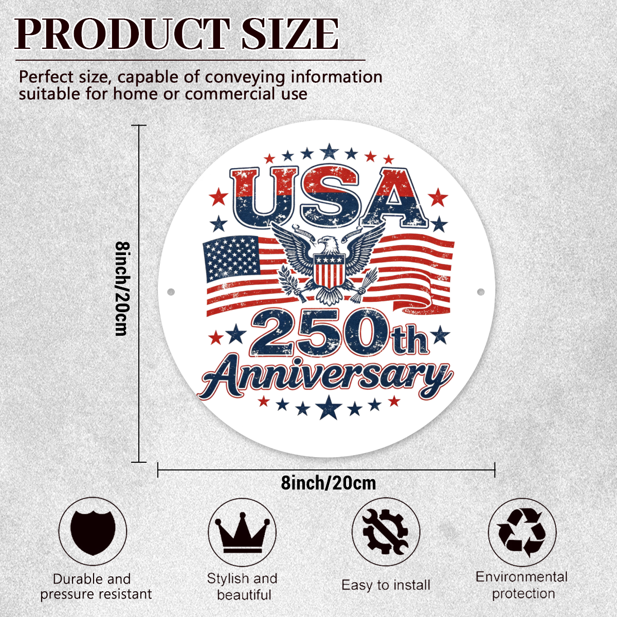 Size chart of the round aluminum sign, highlighting features: durable, stylish, easy to install, eco-friendly