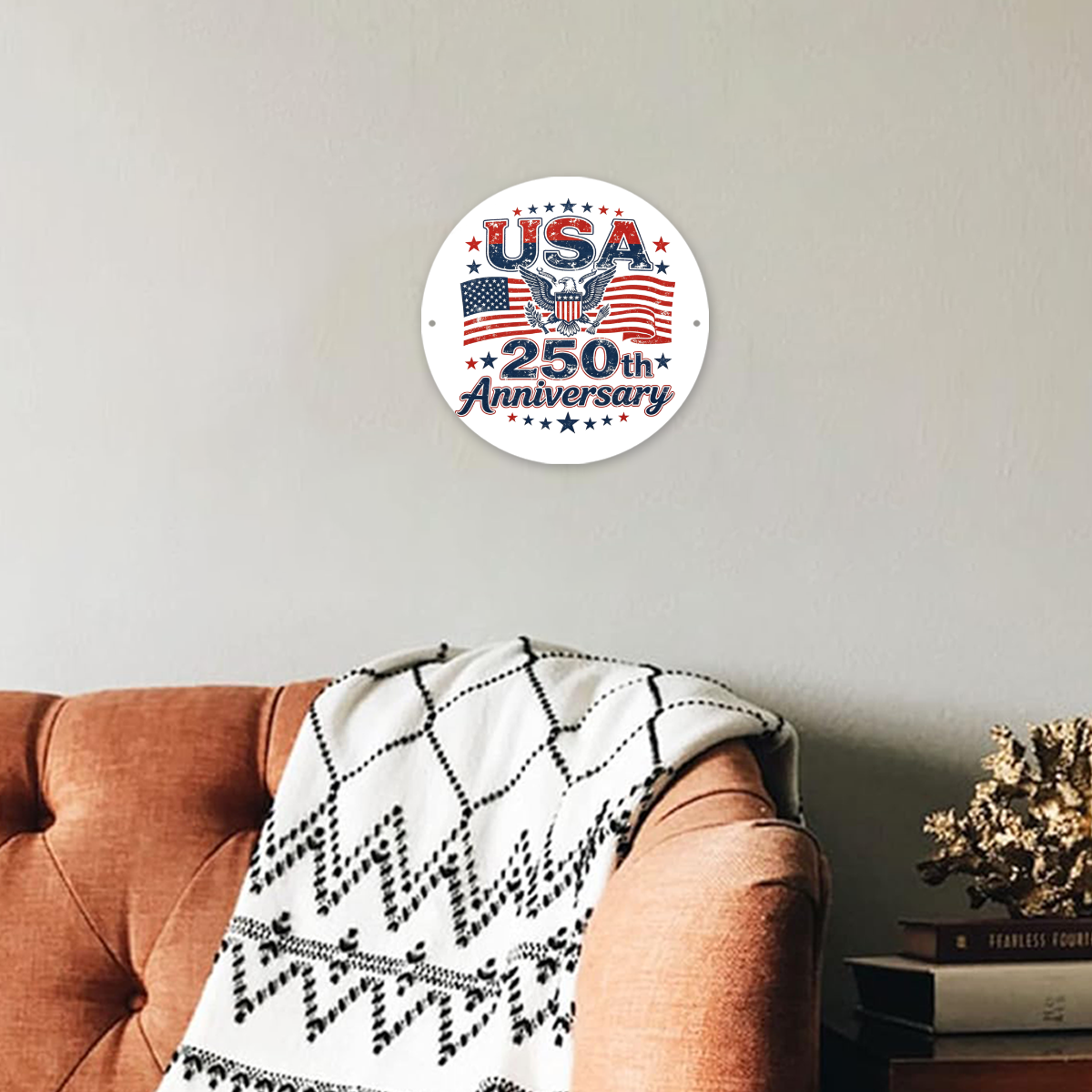 Lifestyle shot of the “USA 250th Anniversary” aluminum sign mounted on a living room wall, showing home decor use