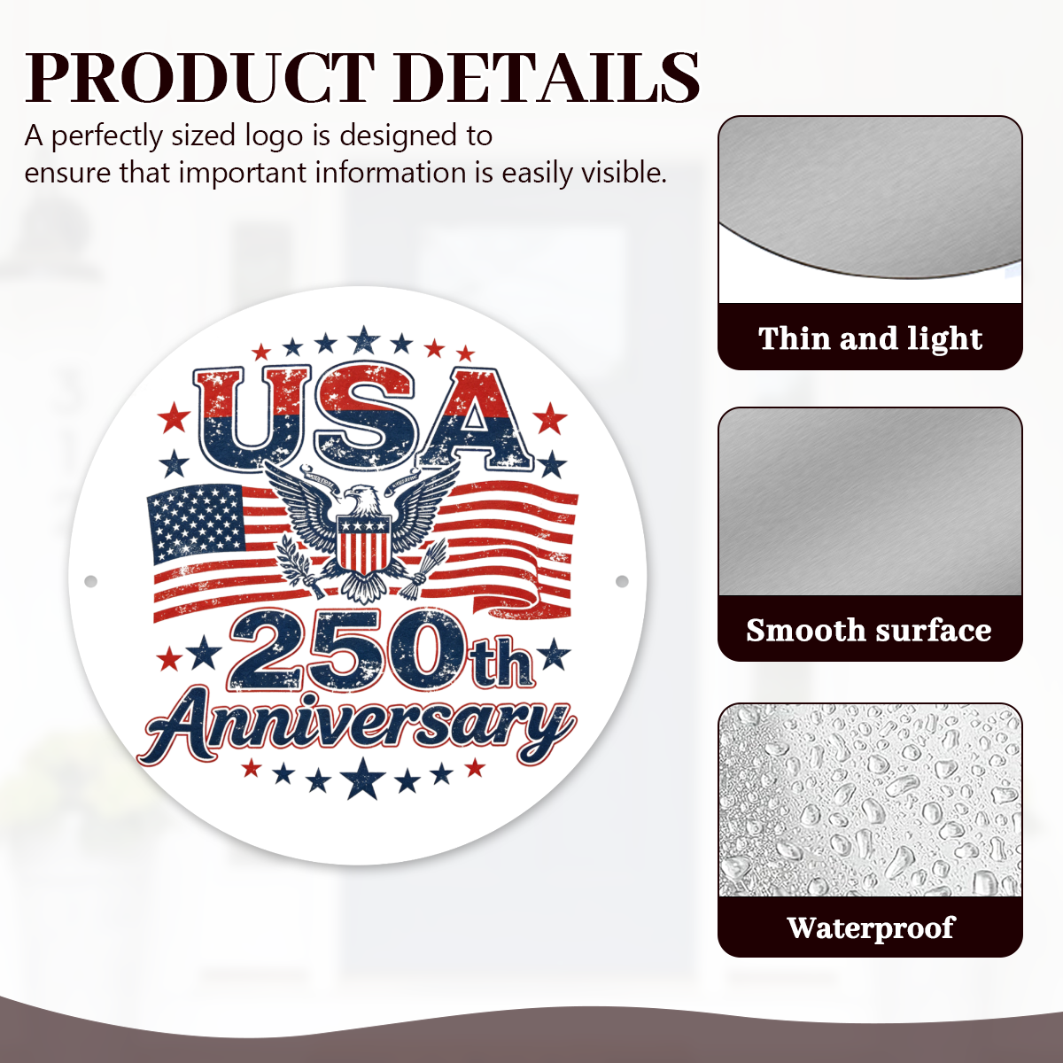 Product details infographic highlighting the aluminum sign’s features: thin and light, smooth surface, and waterproof finish