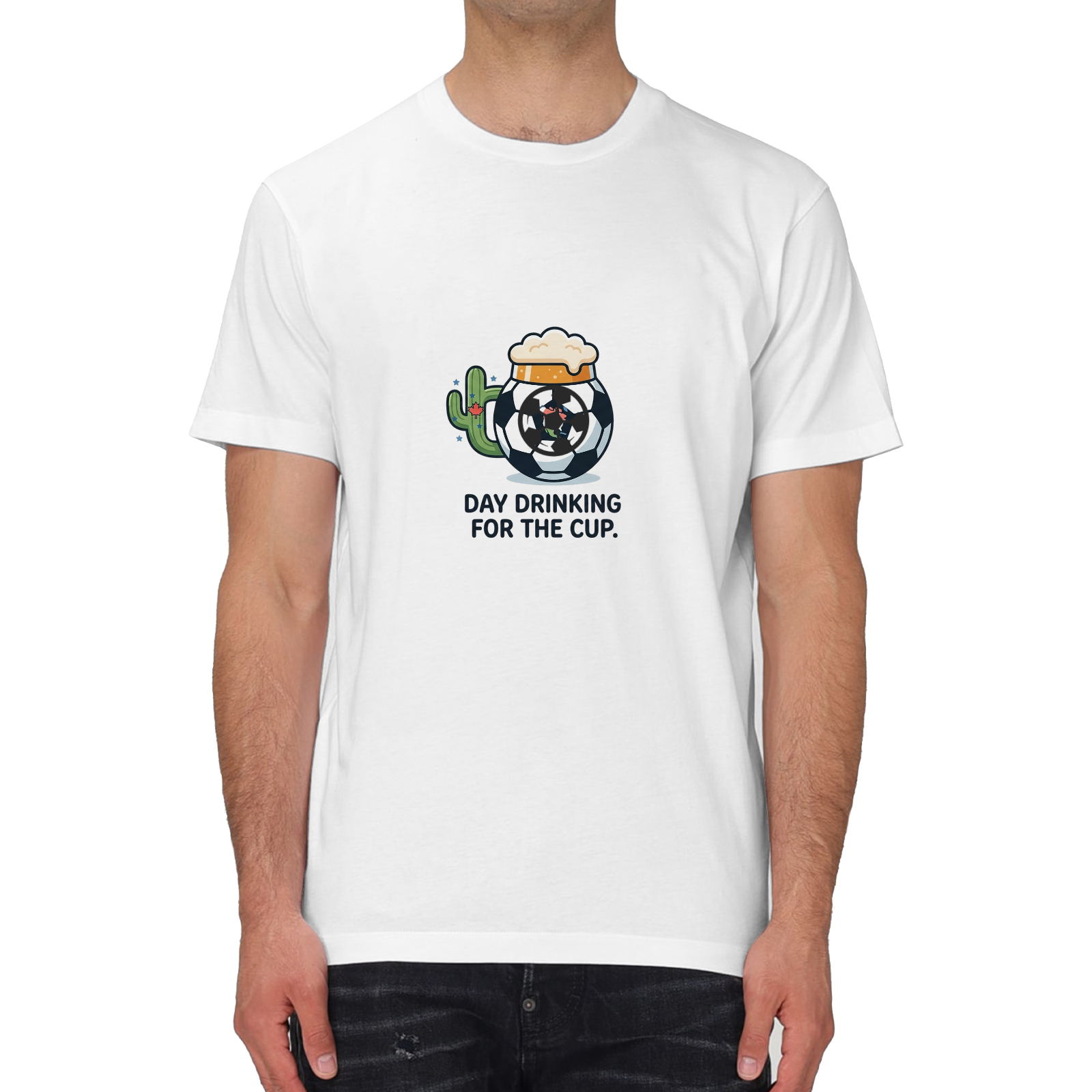 Male model lifestyle photo: white version tee with soccer beer cactus cartoon graphic and attached 3D football accessory, casual matchday everyday outfit