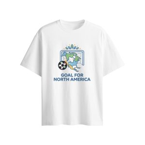 Flat lay white loose-fit tee, identical simple North America continent soccer graphic with matching fixed 3D football accessory on front