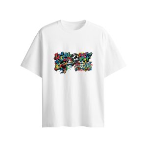 Plain white loose fit cotton t-shirt featuring Kick Off 2026 graffiti football print and matching 3D soccer pendant