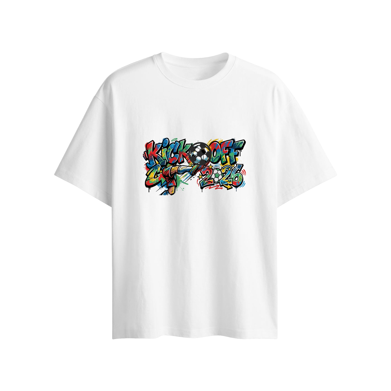 Plain white loose fit cotton t-shirt featuring Kick Off 2026 graffiti football print and matching 3D soccer pendant