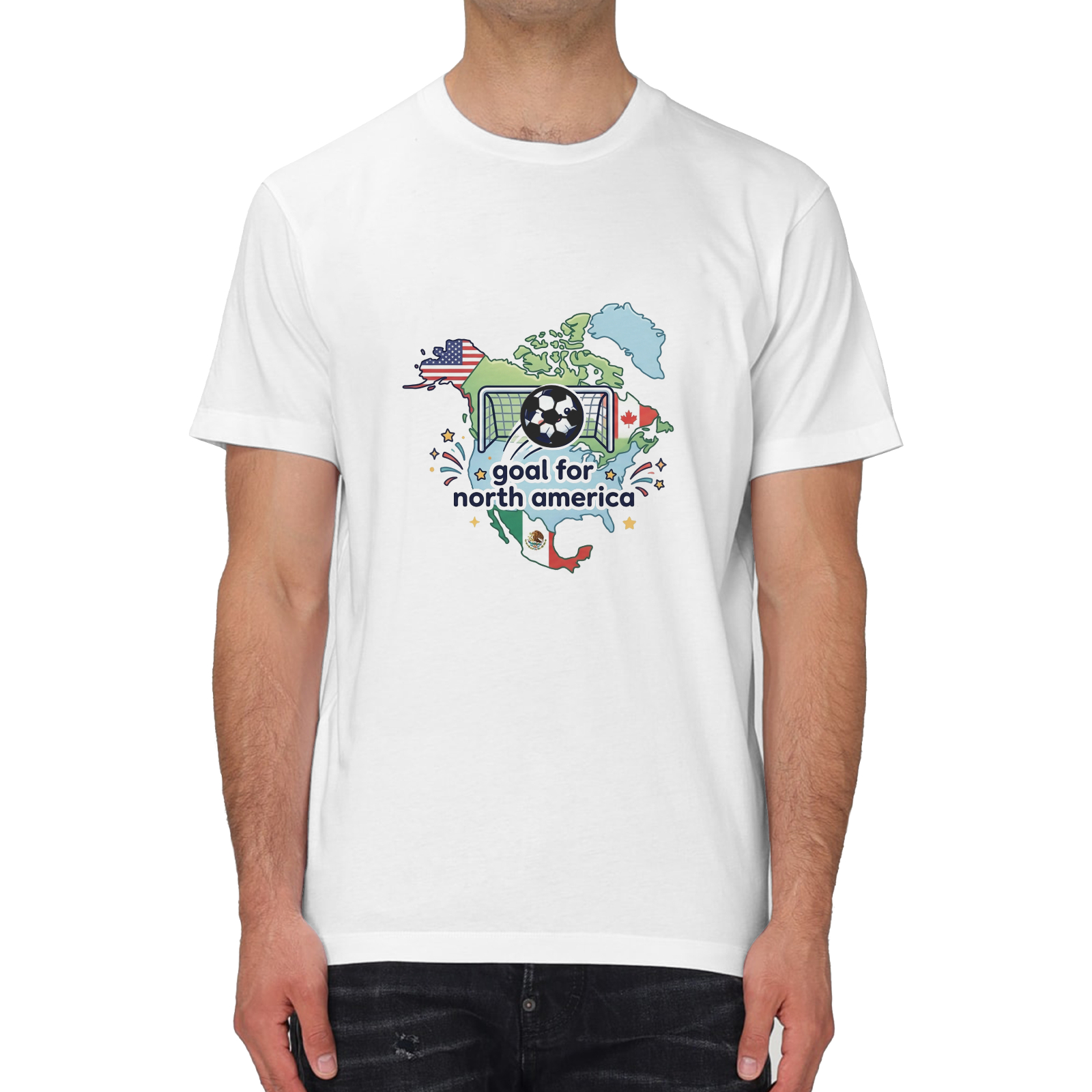 Male model lifestyle shot, white version tee with North America host country map graphic and attached 3D football accessory, casual World Cup matchday streetwear outfit