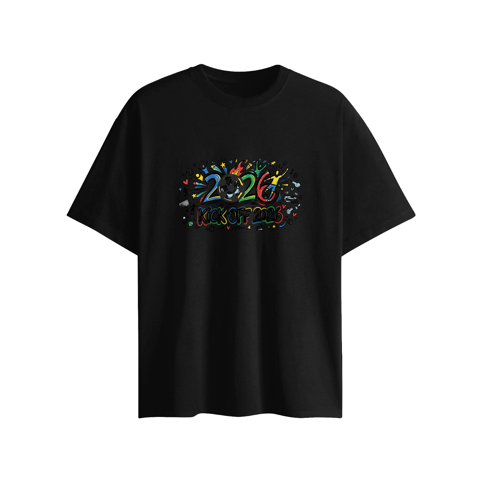 Black tee flat lay: Black short sleeve cotton tee with colorful doodle Kick Off 2026 World Cup print & matching 3D football accessory
