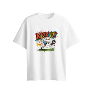 Flat lay of white t-shirt with "KICK IT!" soccer graffiti print and 3D football ornament on the front.
