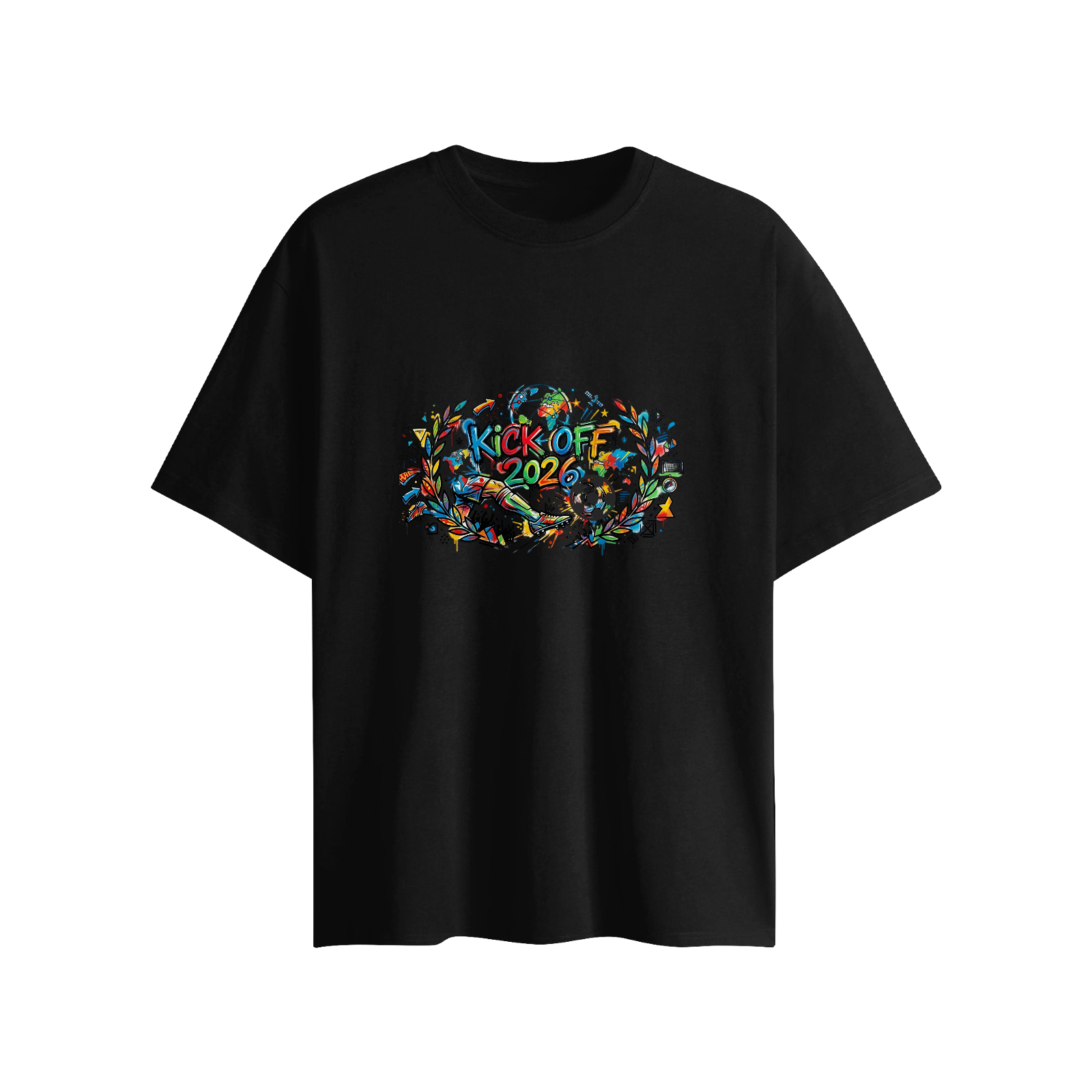 Black oversized cotton short sleeve tee with colorful wreath Kick Off 2026 World Cup print & 3D football charm
