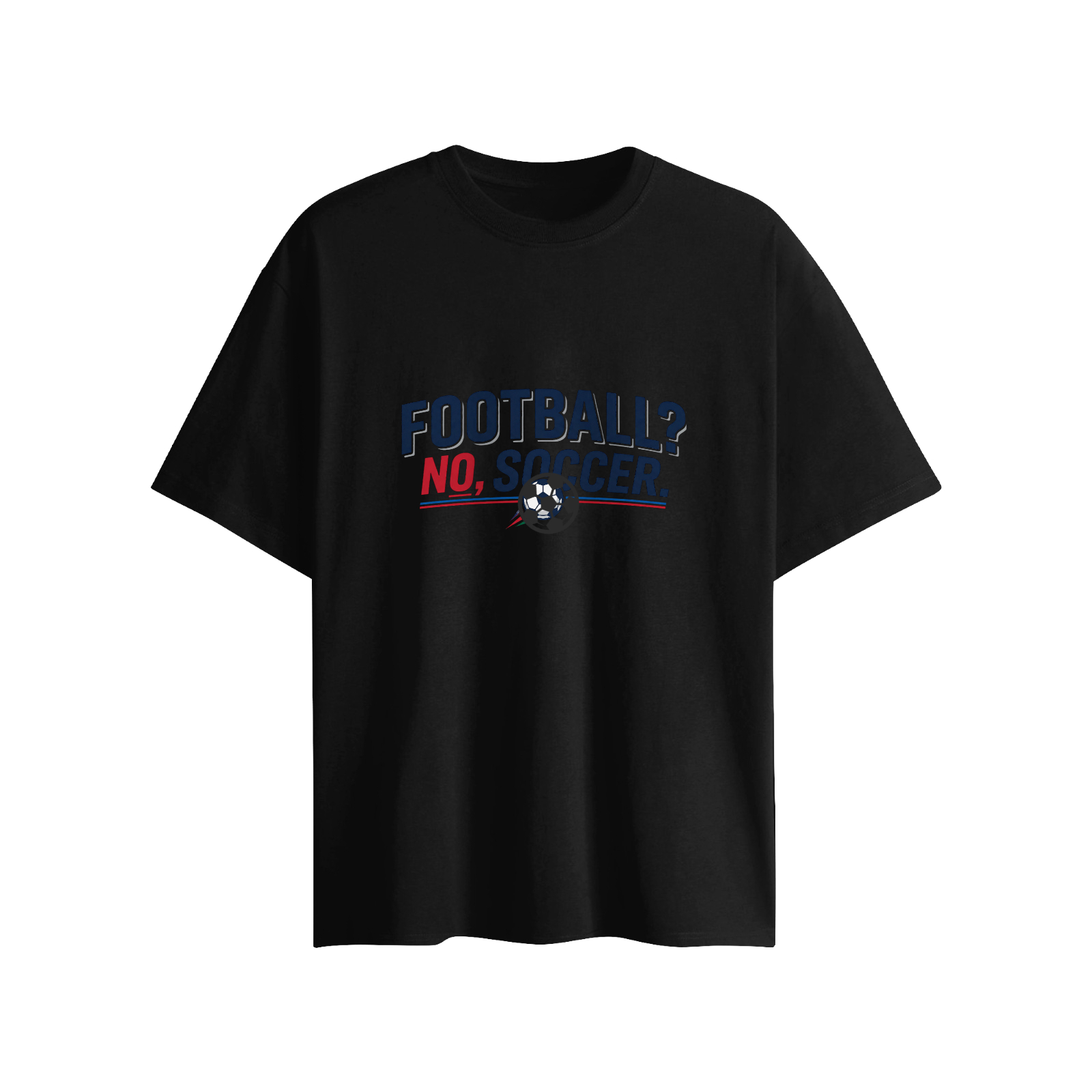 Flat lay of black version tee, identical "Football? No, Soccer." slogan print with matching 3D soccer ball decoration