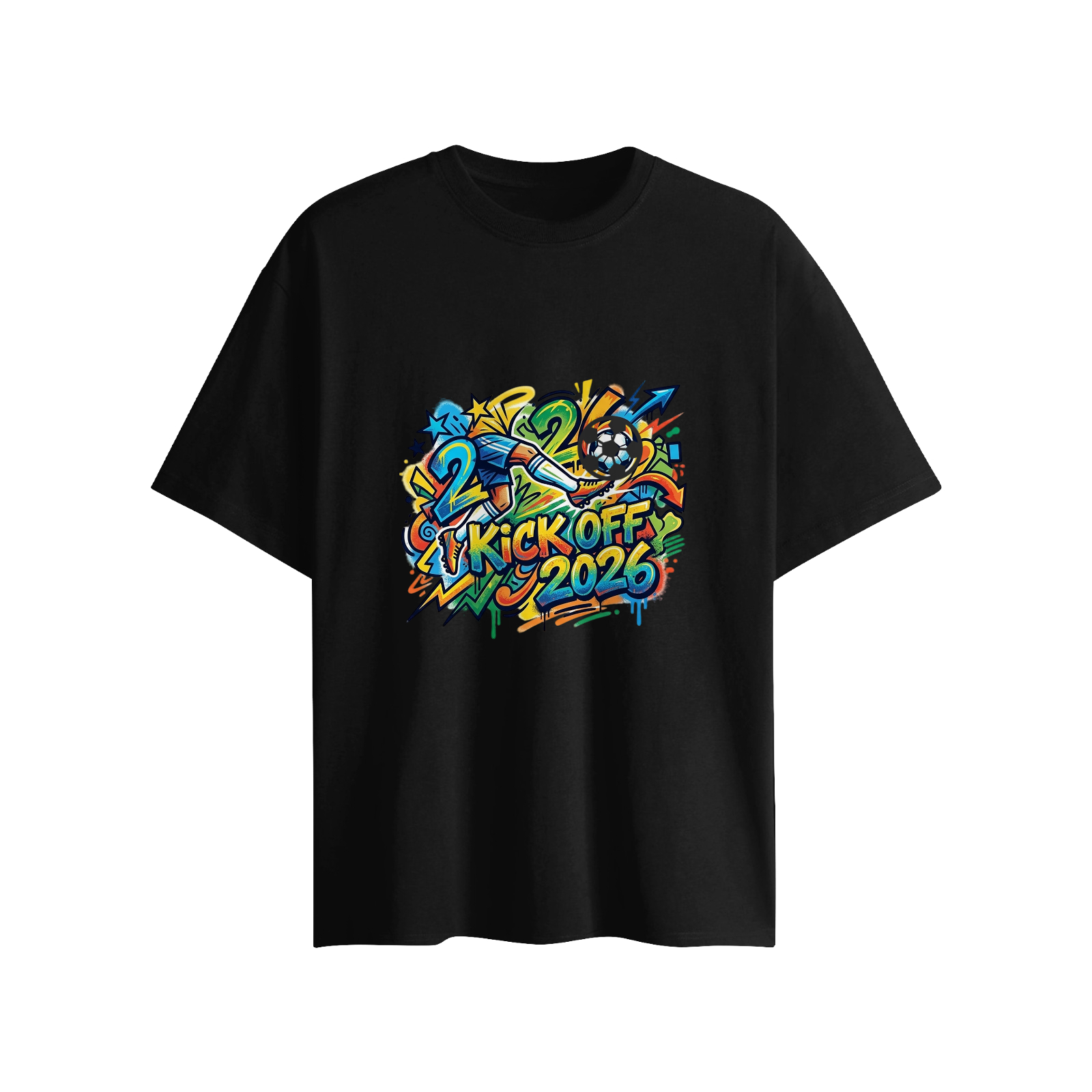Black version Kick Off 2026 street art football print t-shirt with 3D soccer ornament