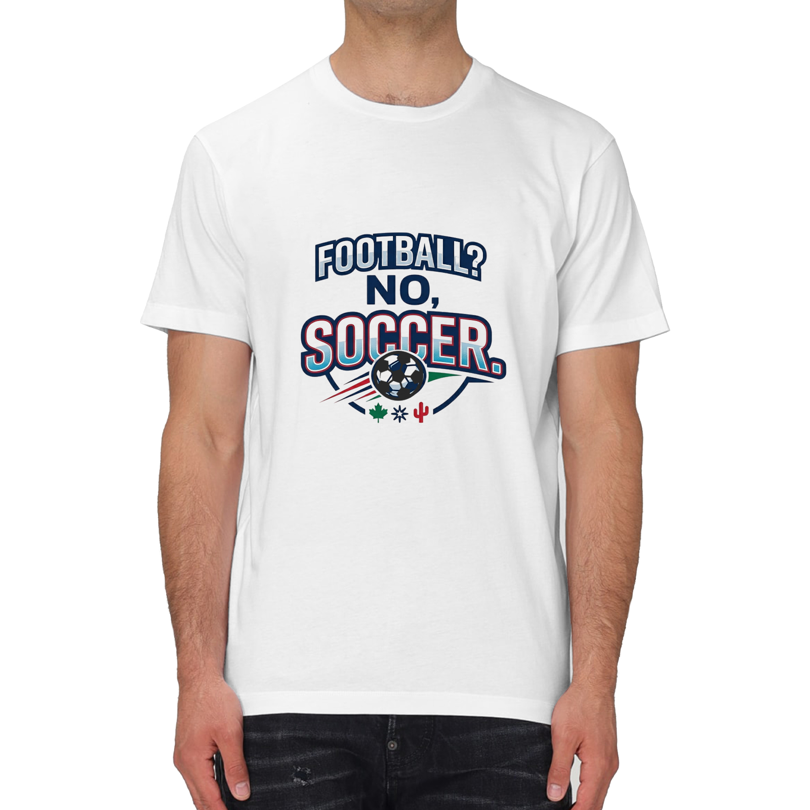 Male model lifestyle photo: white version tee with the same soccer slogan print and 3D football accessory, casual fan everyday outfit