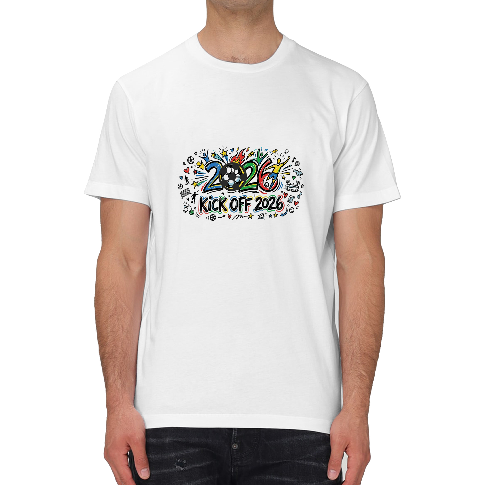 Male model in white Kick Off 2026 doodle soccer graphic casual t-shirt with 3D football charm