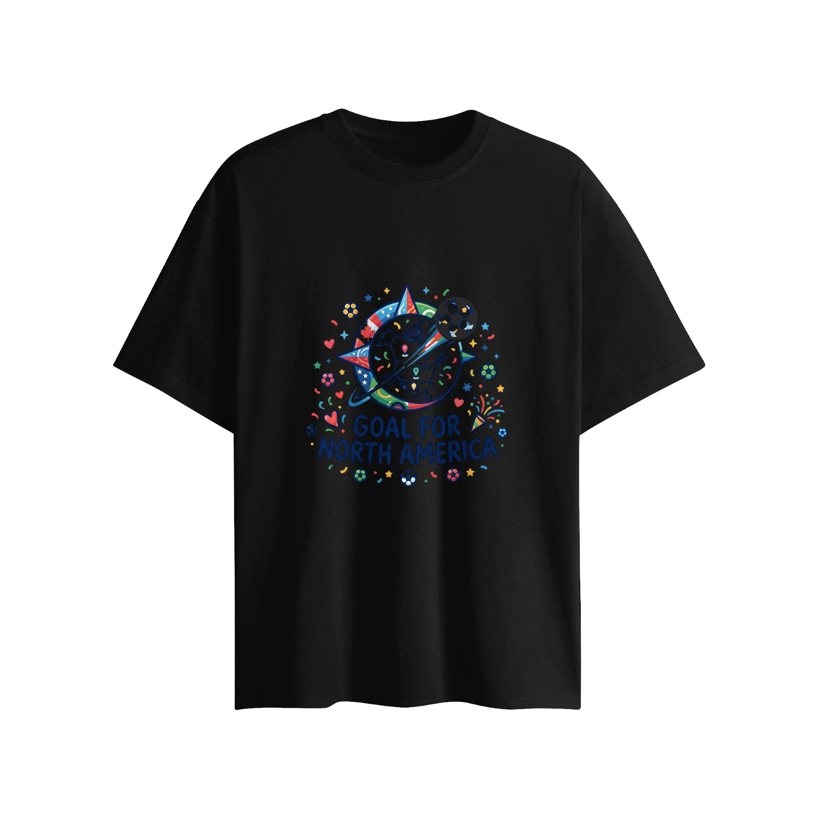 Flat lay black loose-fit tee, identical festive confetti star North America soccer doodle print with matching fixed 3D soccer decoration on front