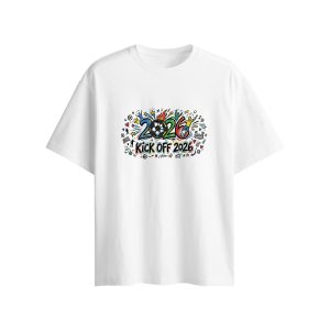 Oversized white cotton tee featuring festive Kick Off 2026 World Cup doodle print and detachable 3D football pendant