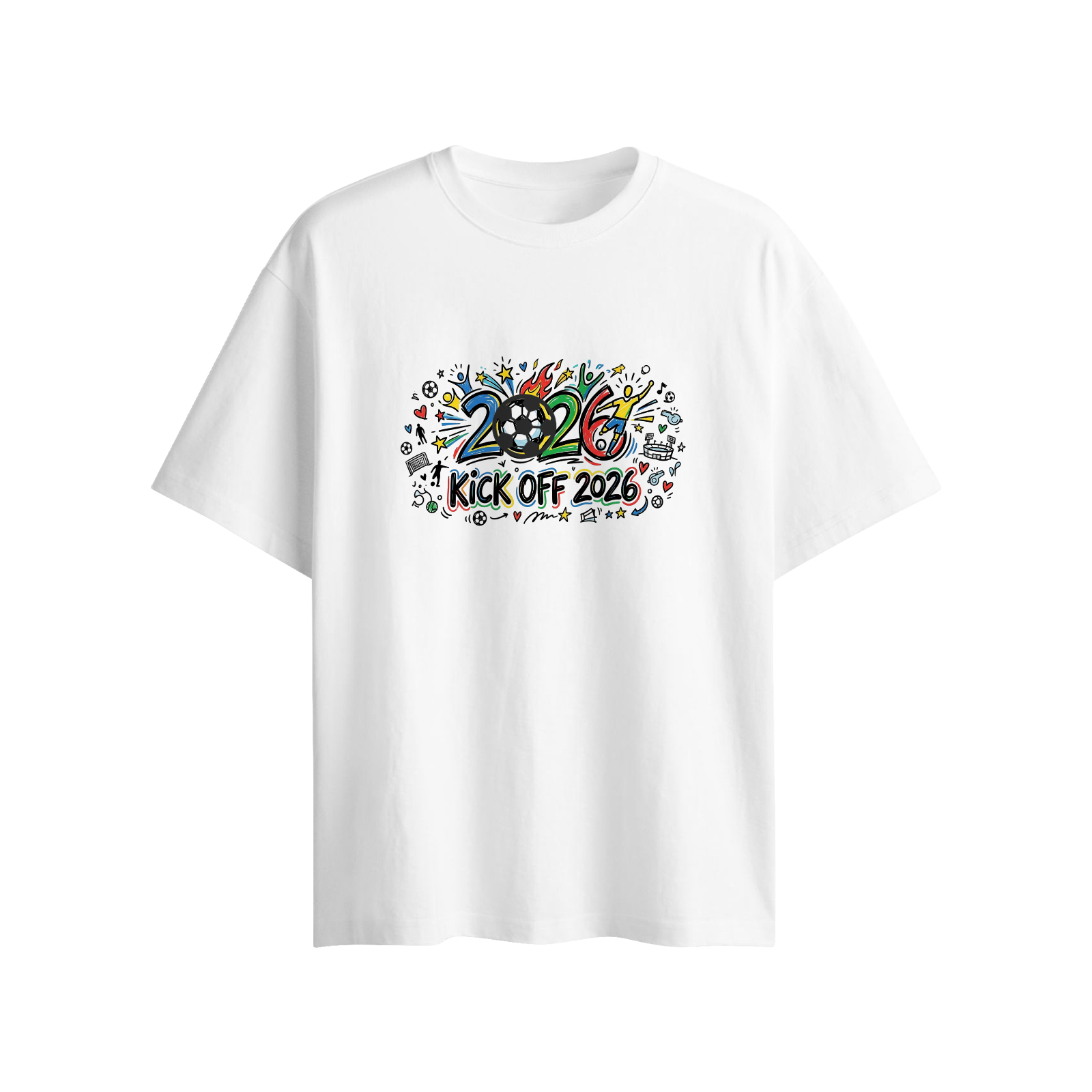 Oversized white cotton tee featuring festive Kick Off 2026 World Cup doodle print and detachable 3D football pendant