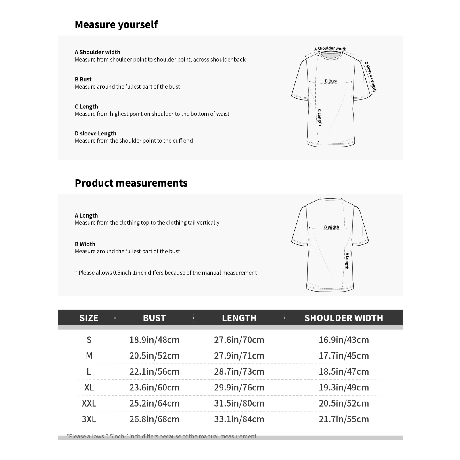 Unisex 2026 soccer graphic t-shirt size measurement table S-3XL