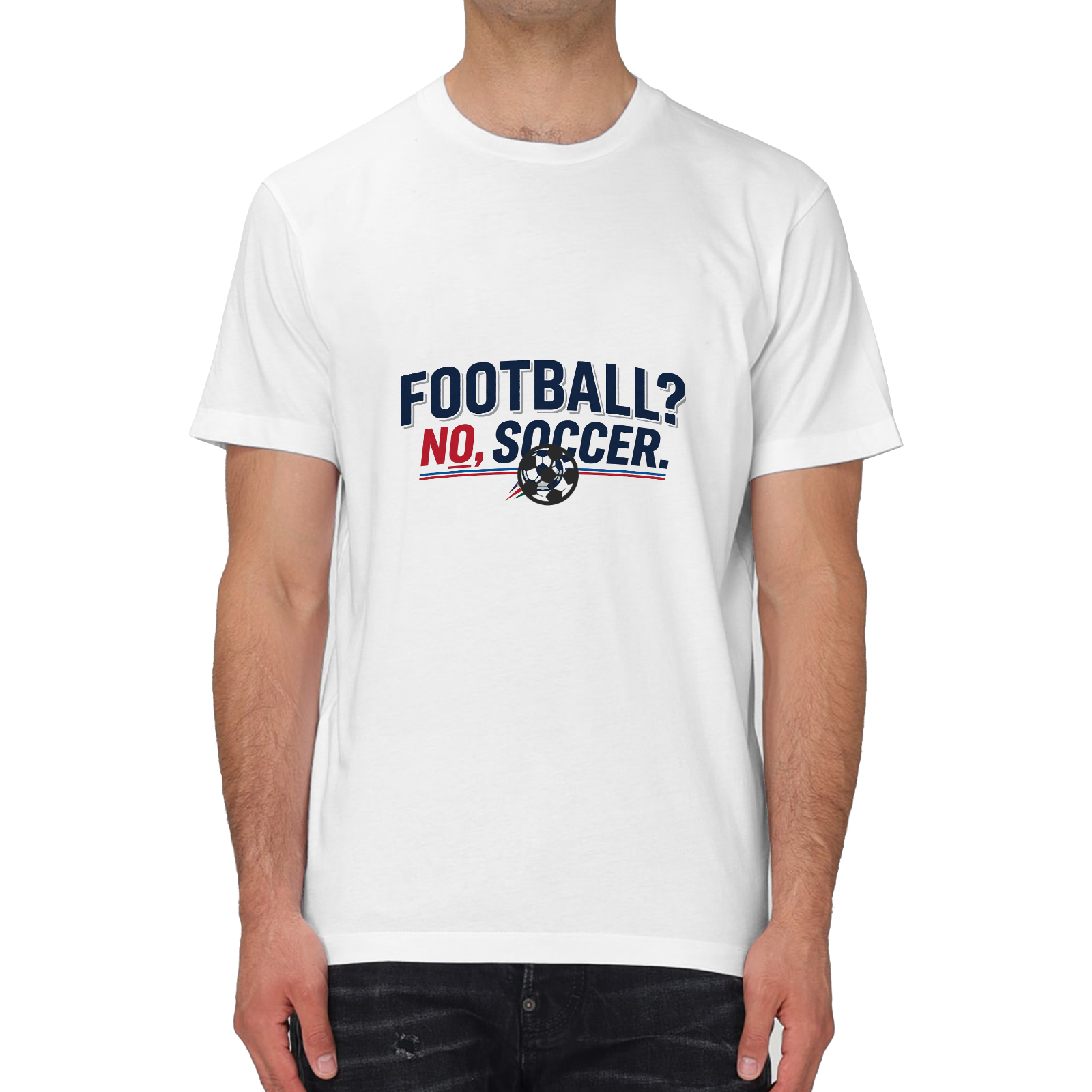Male model wearing white crew neck tee, classic "FOOTBALL? NO, SOCCER." letter print with built-in 3D soccer ball ornament, World Cup fan casual street outfit