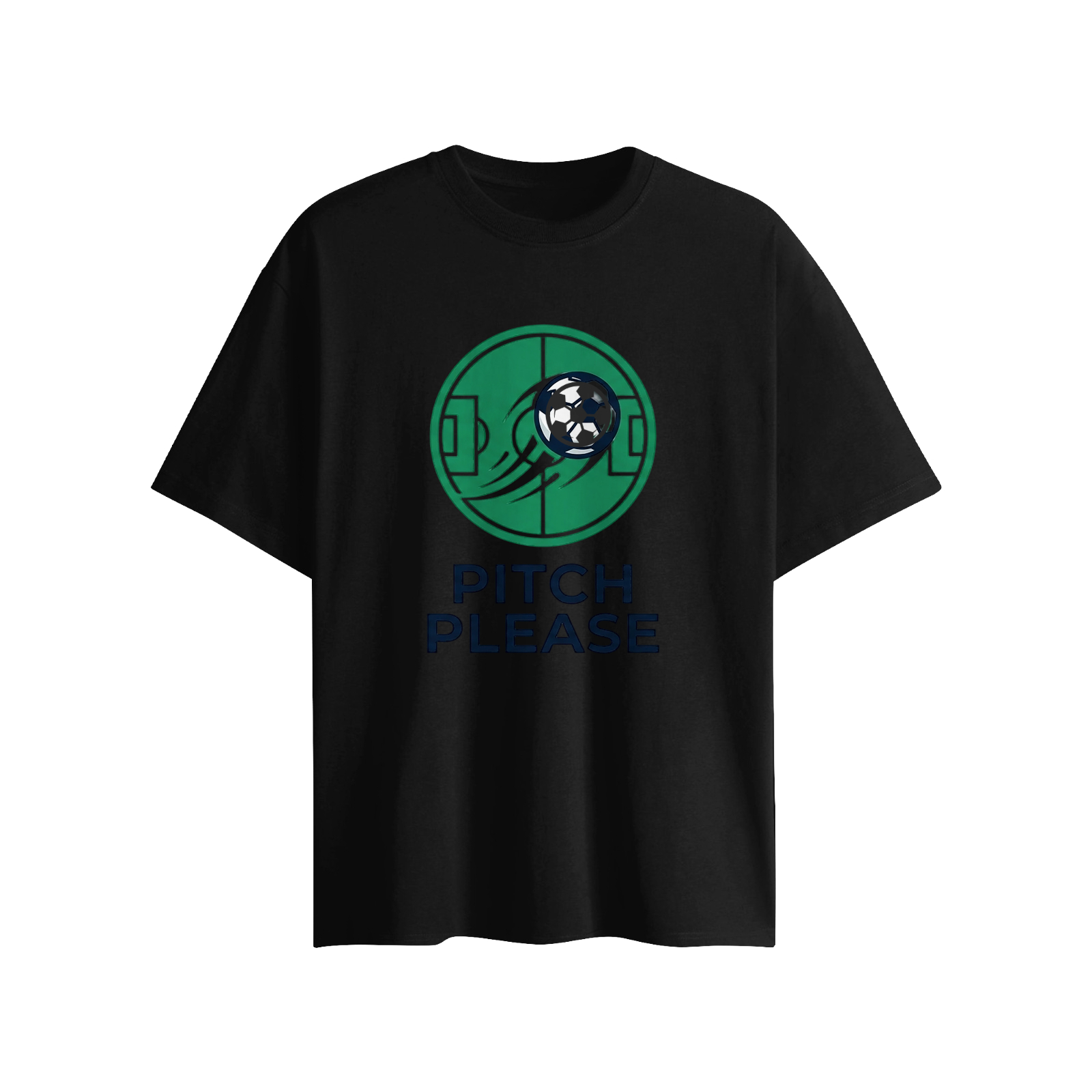 Flat lay of black unisex World Cup tee, green soccer pitch circular graphic with attached 3D football ornament, slogan "PITCH PLEASE" print