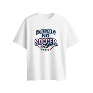 Flat lay of white oversized t-shirt, complete soccer-themed graphic with built-in 3D soccer decoration for World Cup cheering
