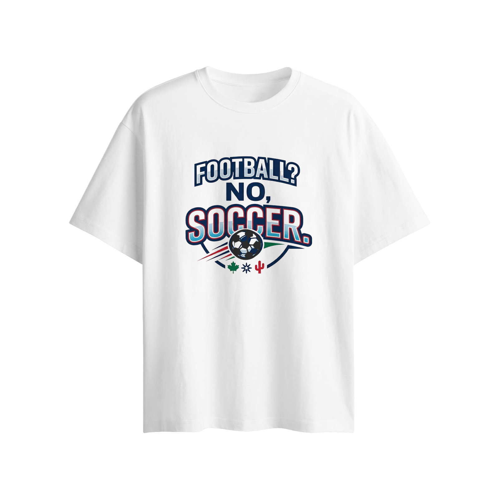 Flat lay of white oversized t-shirt, complete soccer-themed graphic with built-in 3D soccer decoration for World Cup cheering