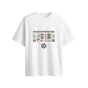 Flat shot of white oversized tee, full soccer fan gear doodle print and fixed 3D soccer ball accessory on front