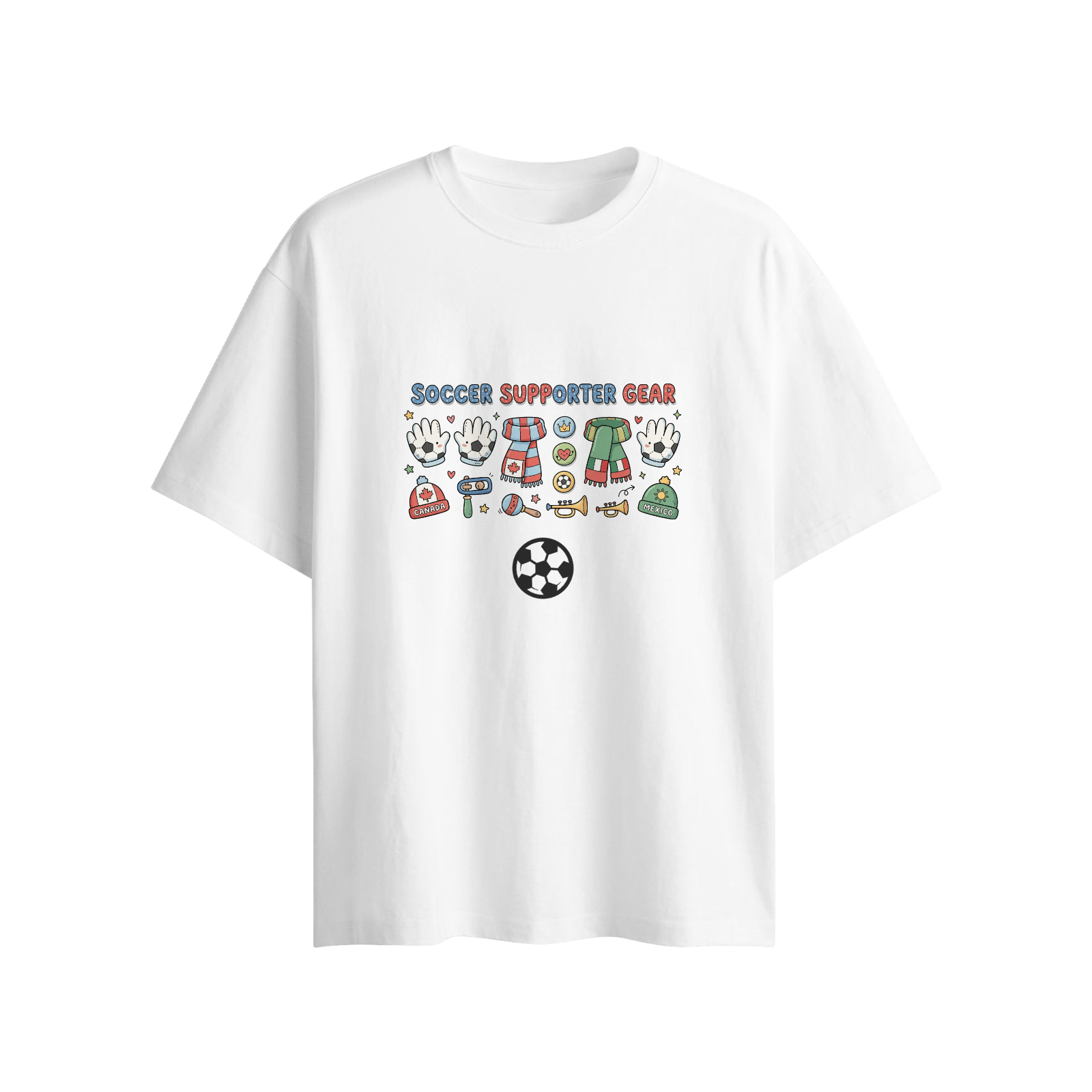 Flat shot of white oversized tee, full soccer fan gear doodle print and fixed 3D soccer ball accessory on front