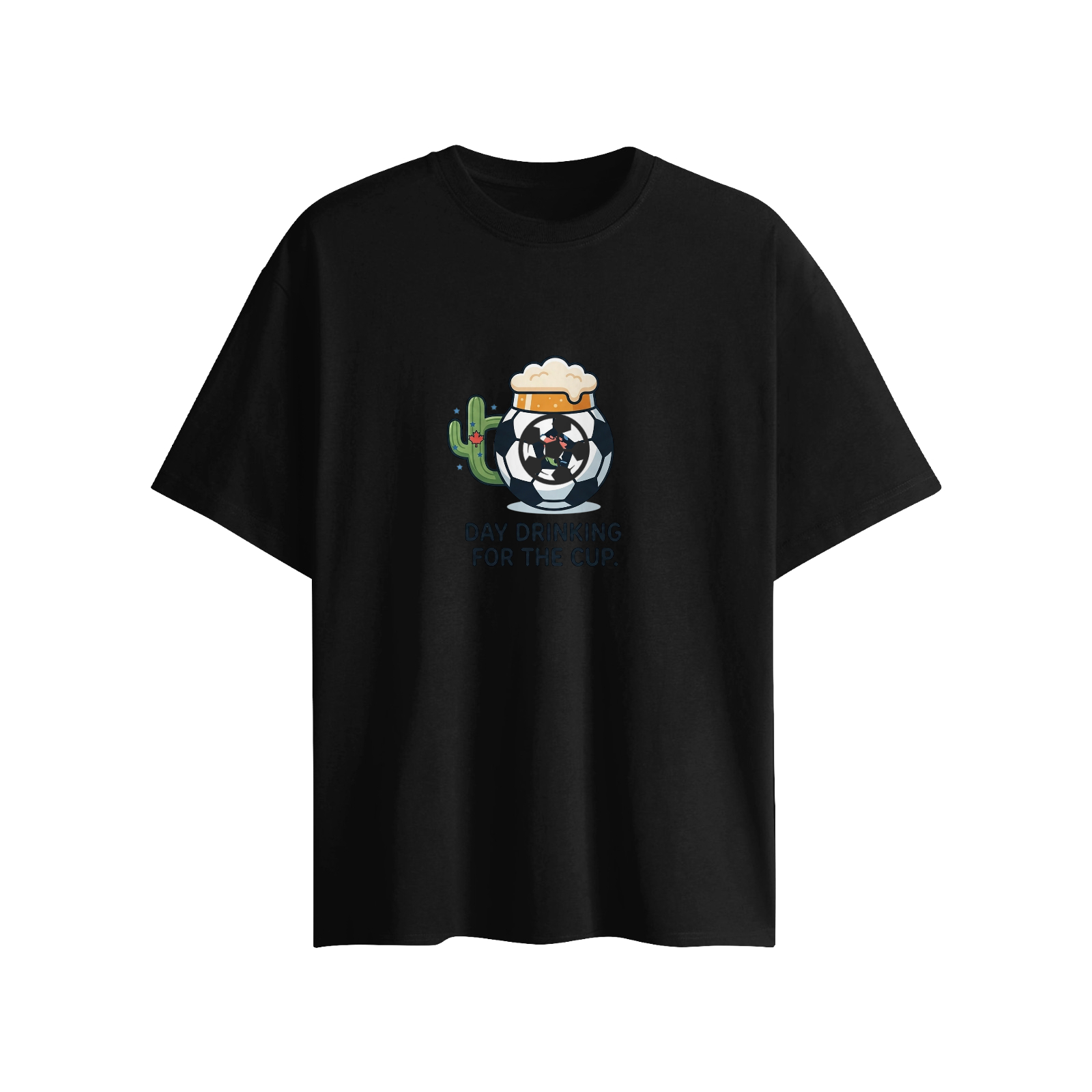 Flat lay of black loose-fit tee, identical "Day Drinking For The Cup" cartoon print with matching fixed 3D soccer decoration on front