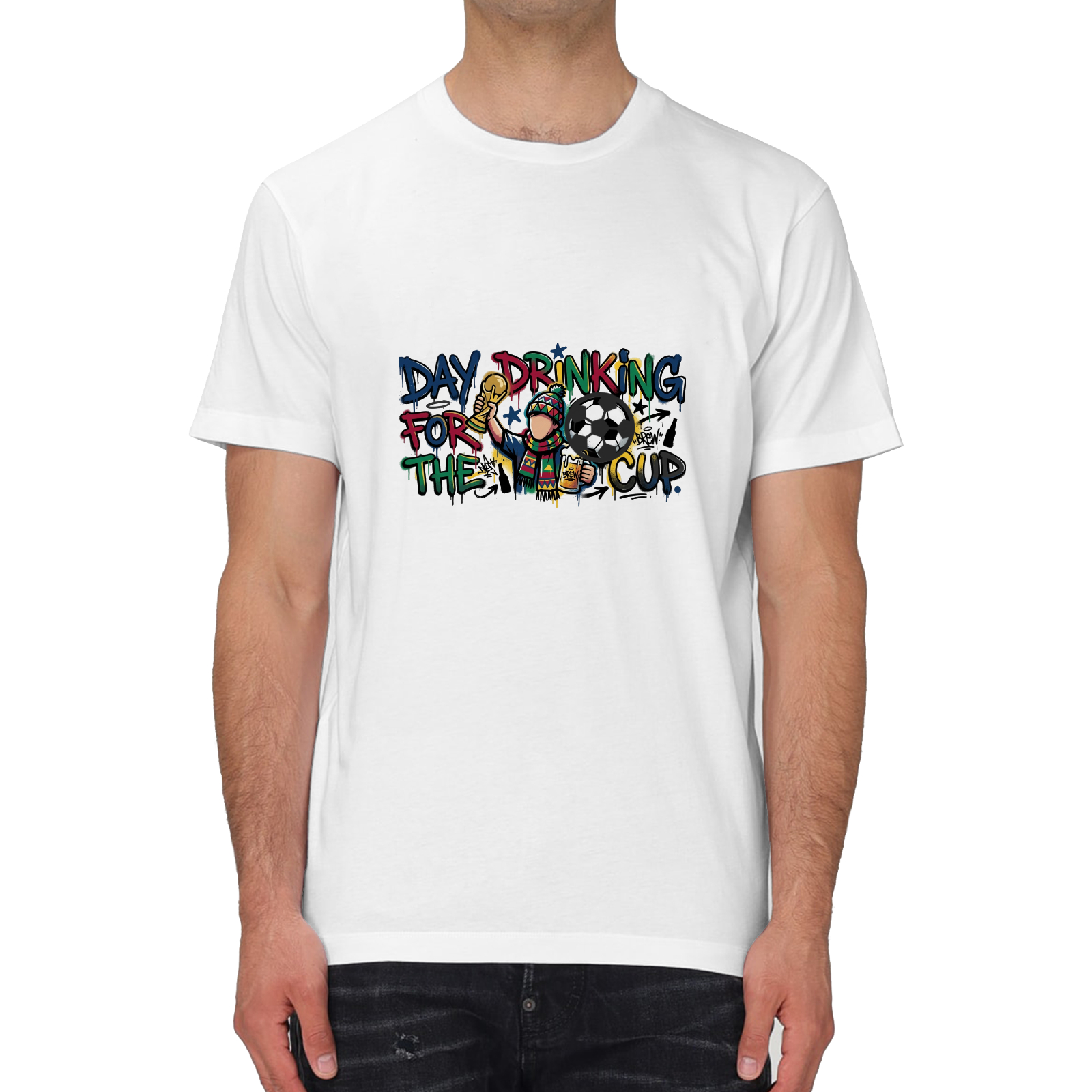 Male model lifestyle shot, white graphic tee with World Cup drinking slogan print and attached 3D soccer decoration, casual matchday streetwear outfit