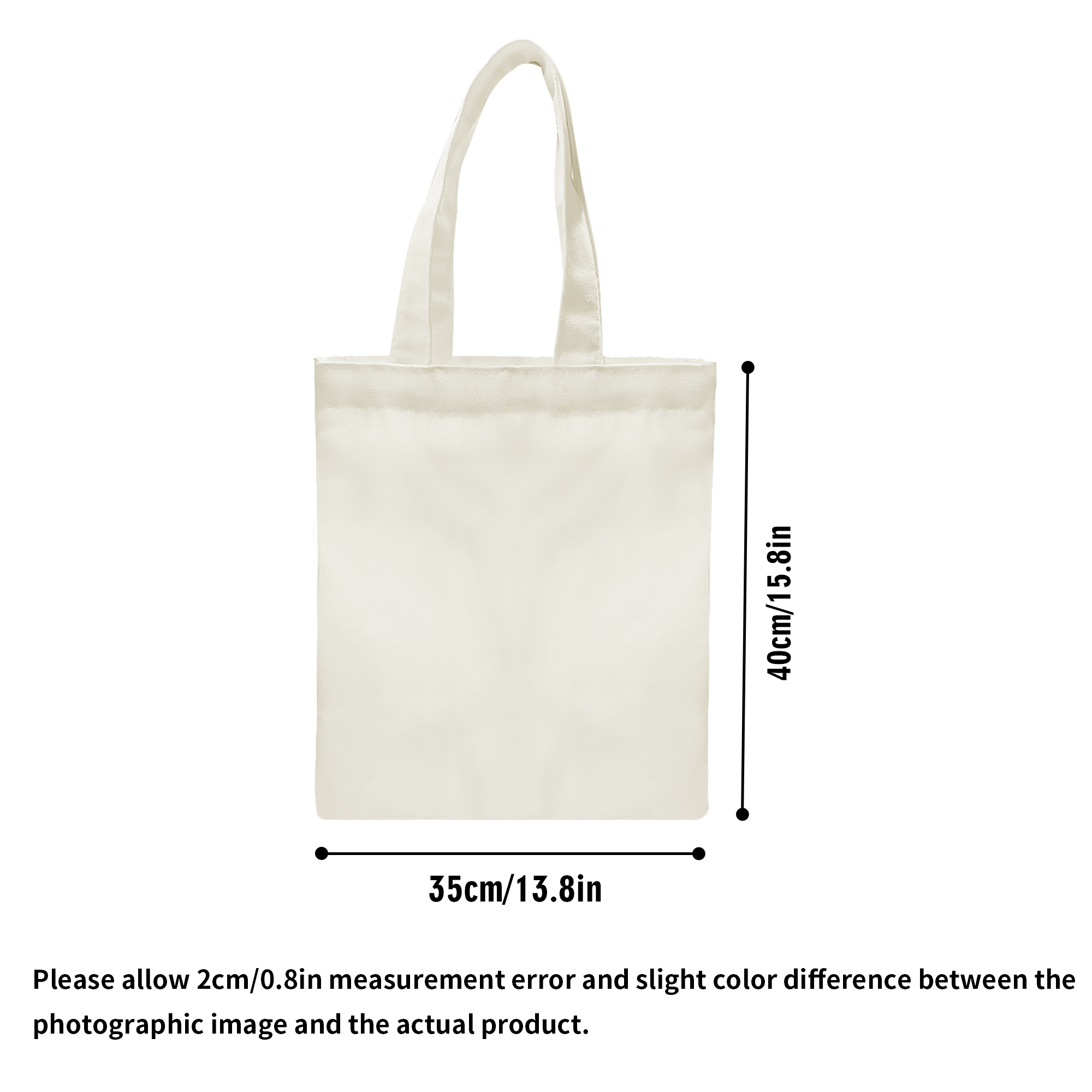 Blank off-white polyester canvas tote bag measurement diagram, 35×40cm large blank reusable shopping tote size display