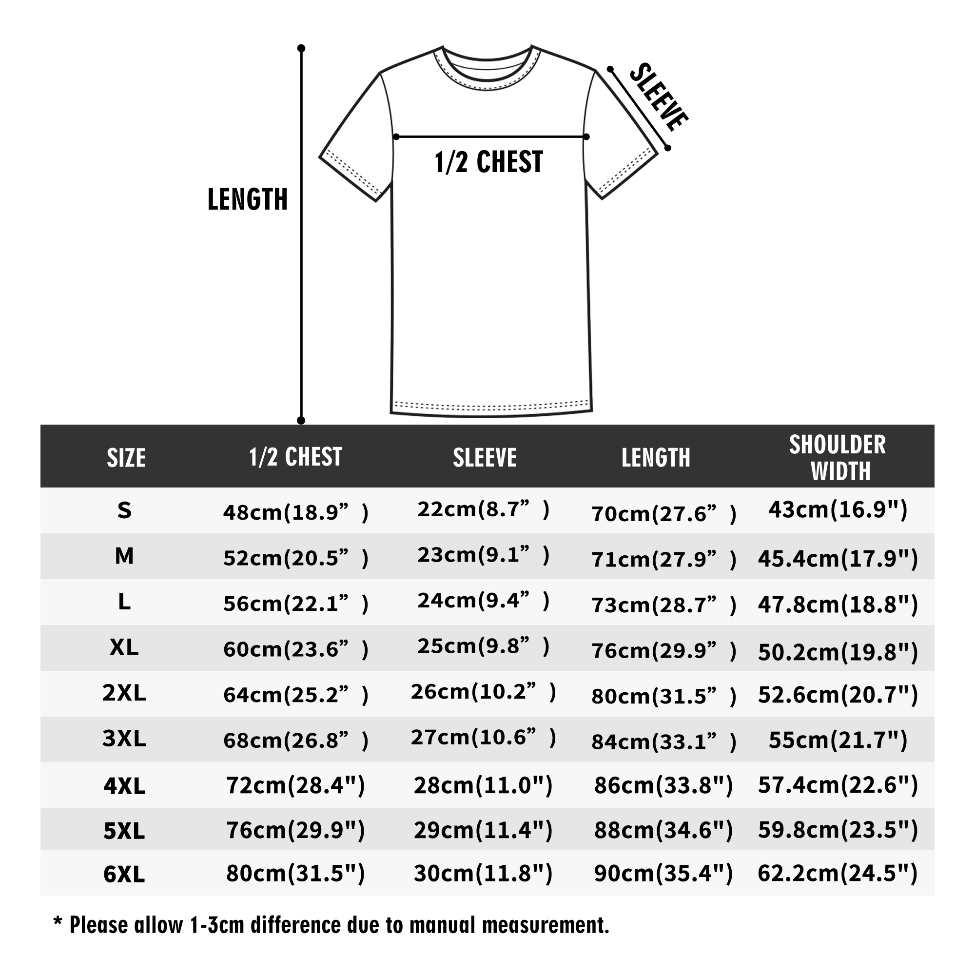 T-shirt size chart showing measurements (chest, sleeve, length, shoulder width) from S to 6XL, with a note about manual measurement error.