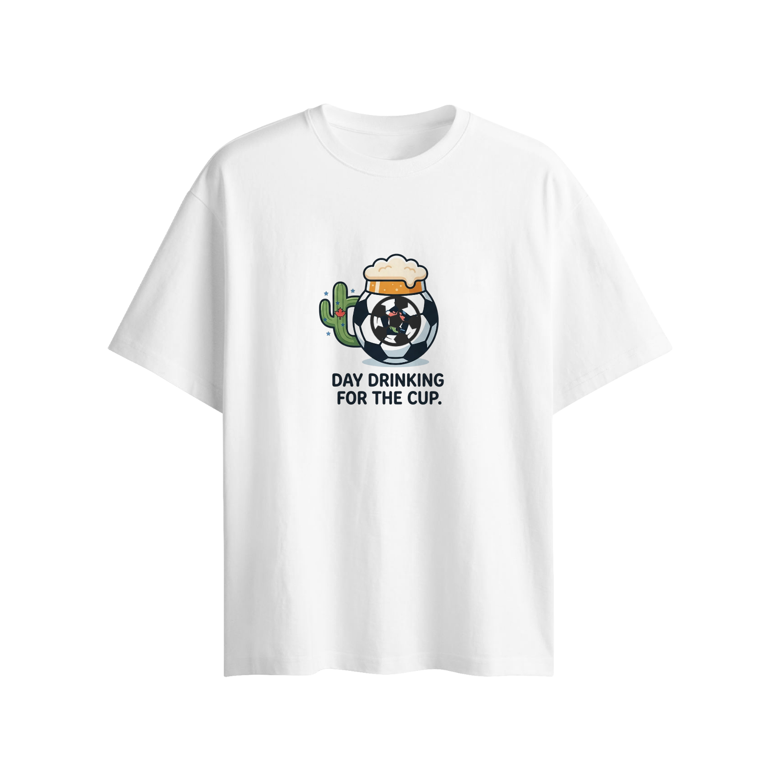 Flat lay white oversized crew neck tee, cute cartoon soccer beer cactus graphic print "DAY DRINKING FOR THE CUP", with built-in 3D soccer ball ornament, World Cup casual fan short sleeve top