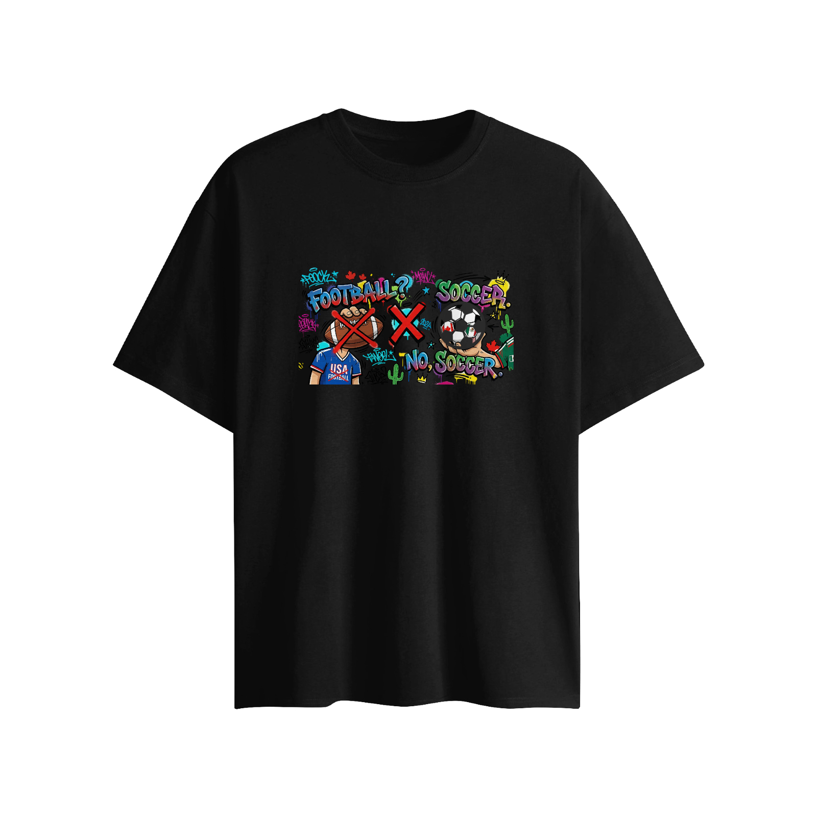 Flat lay of black version graphic tee, identical "Football? No, Soccer" graffiti print with matching 3D soccer accessory on front