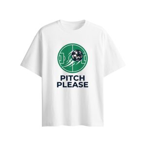 Flat lay of white casual World Cup fan t-shirt, green soccer field logo with 3D football decoration and "PITCH PLEASE" text