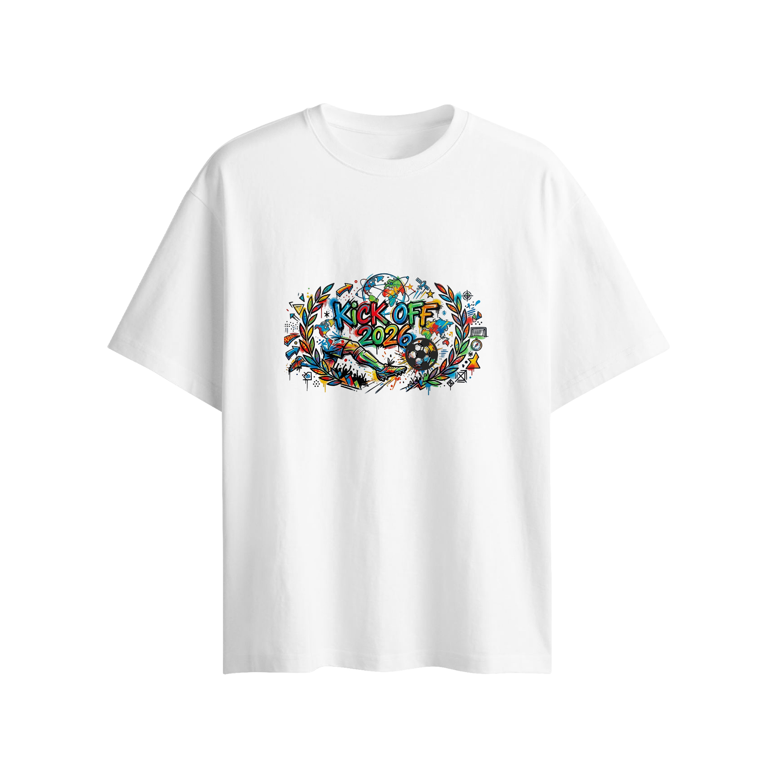 Loose fit white cotton tee featuring laurel wreath Kick Off 2026 graffiti print and removable 3D soccer pendant