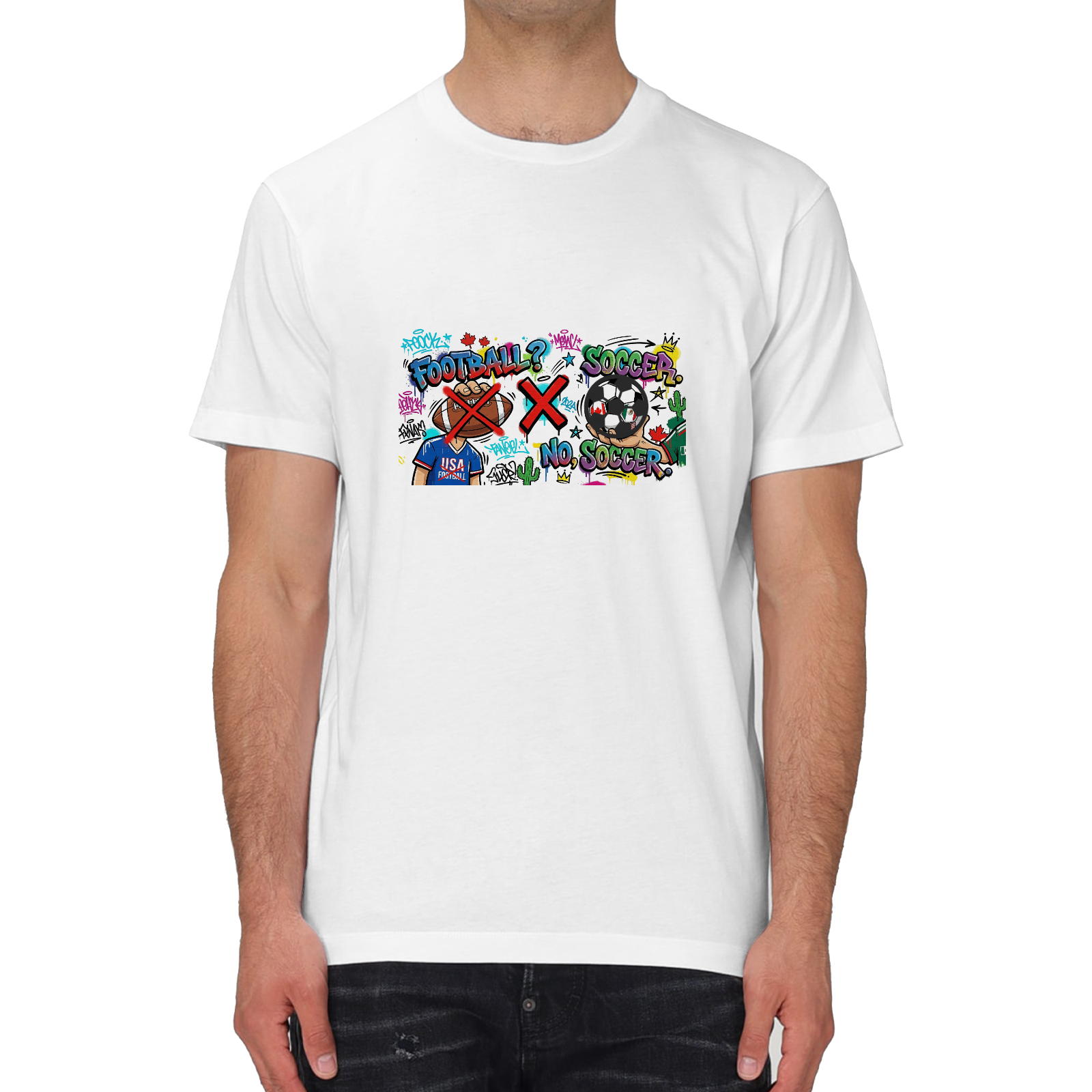 Male model lifestyle shot, white loose crew neck tee with colorful graffiti print "FOOTBALL? NO, SOCCER", cross-out American football graphic with built-in 3D soccer ornament, World Cup fan casual outfit