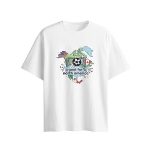 Flat lay of white loose-fit tee, identical "Goal For North America" map soccer print with matching fixed 3D soccer decoration on front
