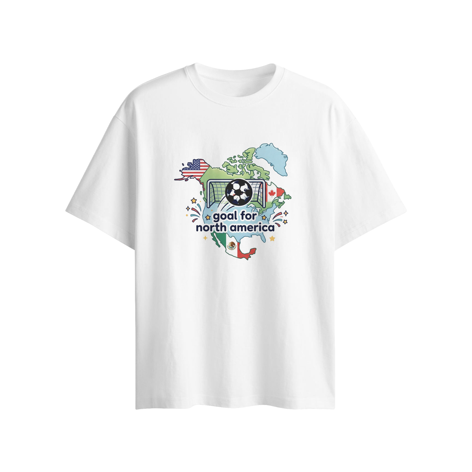 Flat lay of white loose-fit tee, identical "Goal For North America" map soccer print with matching fixed 3D soccer decoration on front