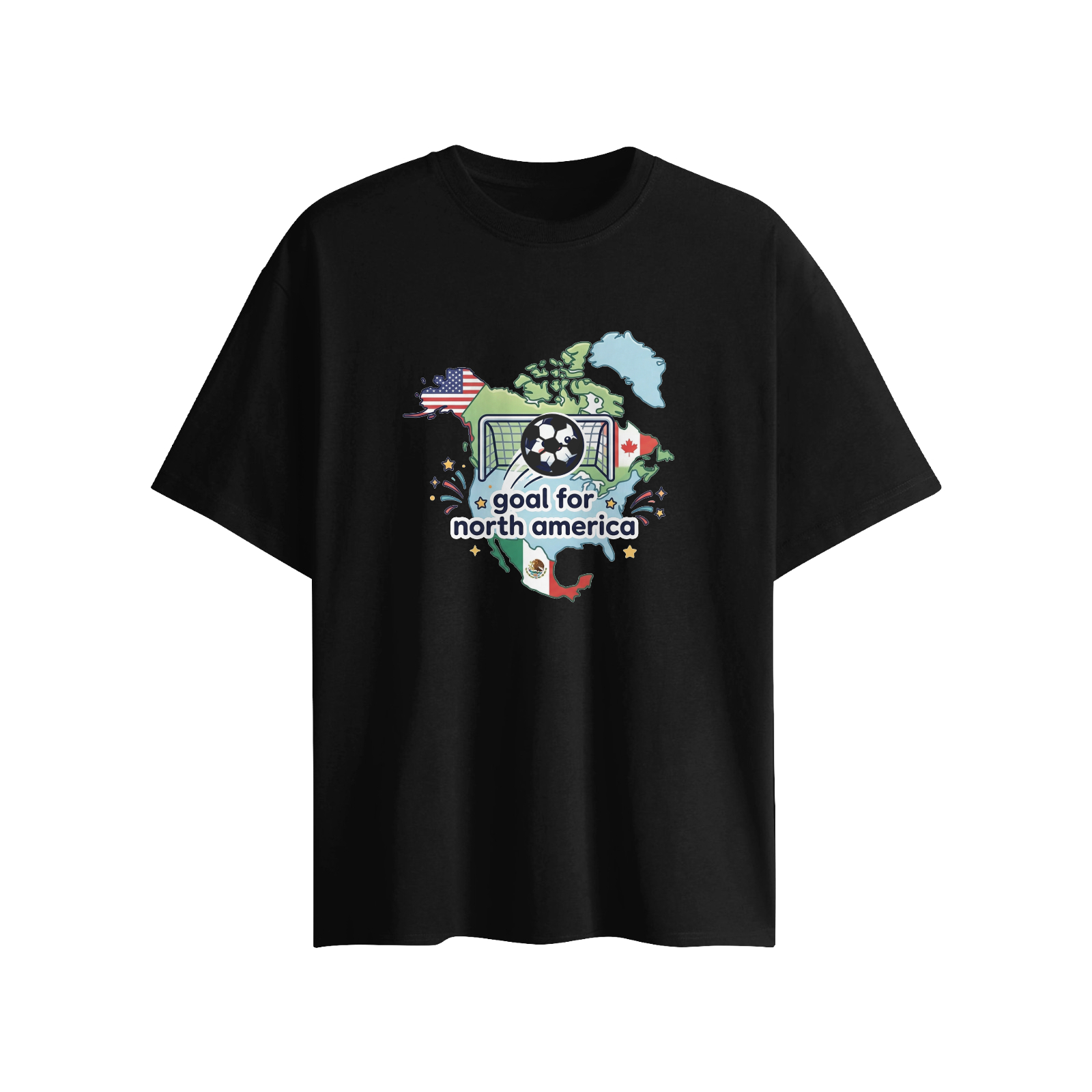 Flat lay black oversized crew neck tee, cartoon North America map graphic with USA, Canada, Mexico flags, soccer goal print "goal for north america", built-in 3D soccer ball ornament, 2026 World Cup host fan short sleeve top
