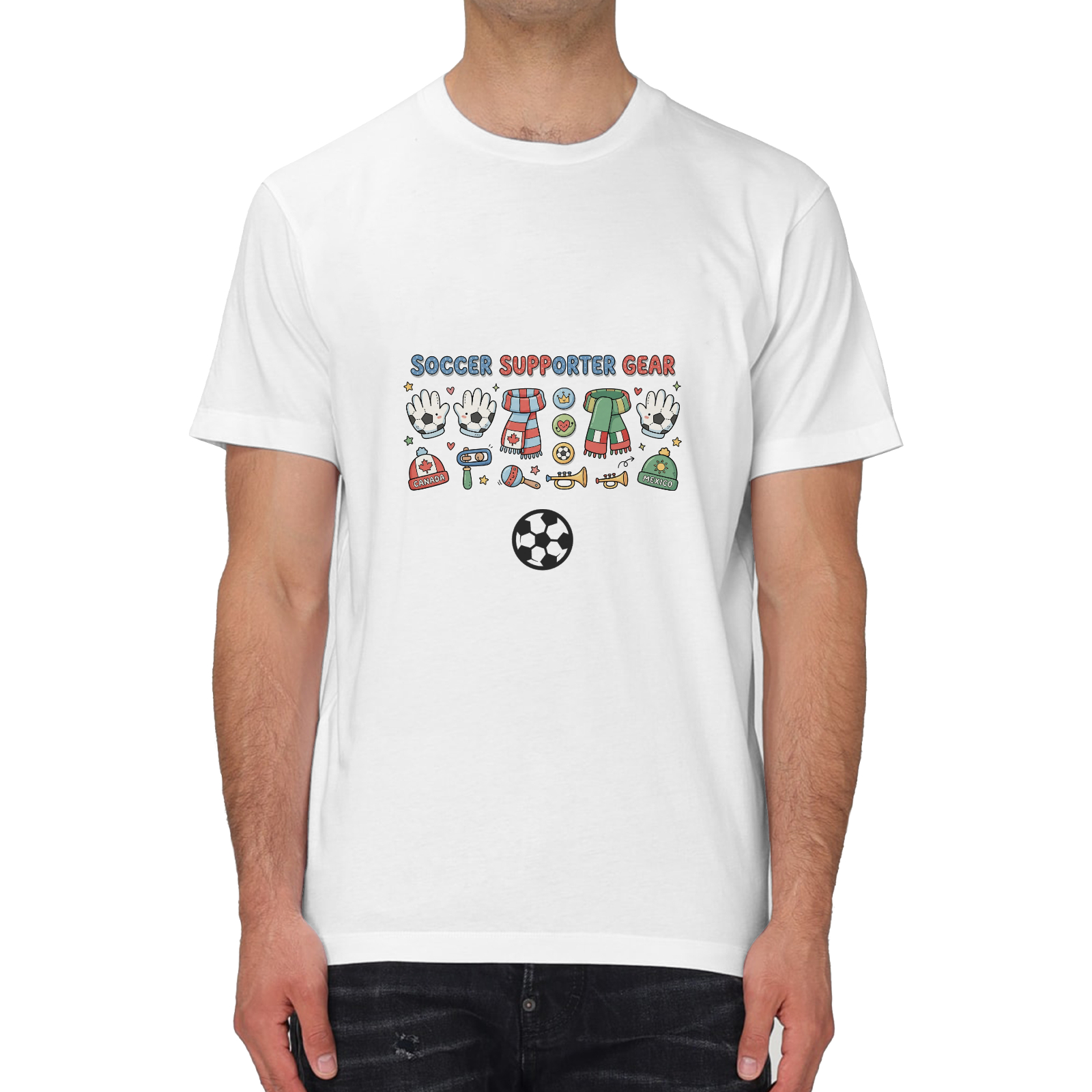 Male model wearing white crew neck tee, cute cartoon doodle "SOCCER SUPPORTER GEAR" print with fan accessories graphic and attached 3D soccer ball ornament, World Cup casual fan outfit