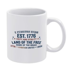 White 11oz ceramic coffee mug with vintage gothic E Pluribus Unum EST 1776 Land Of The Free star typography print, USA 250th 1776-2026 patriotic unity themed drink cup
