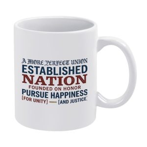 White 11oz ceramic coffee mug with vintage gothic A More Perfect Union patriotic constitution slogan print, USA 250th founding themed daily drink cup