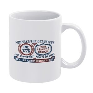 White ceramic coffee mug with vintage crest wreath eagle America The Beautiful Faith Family Freedom 1776-2026 USA 250 patriotic printed design, classic daily beverage mug