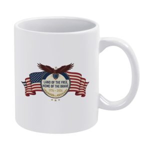 White ceramic coffee mug with spread bald eagle wrapped US flag Land Of The Free Home Of The Brave 1776-2026 patriotic badge print, USA 250th anniversary daily drink mug