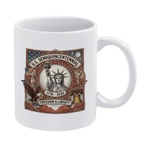 White glossy ceramic coffee mug with vintage engraved Statue of Liberty bald eagle Liberty Bell US flag U.S. Semiquincentennial 1776-2026 Freedom & Liberty patriotic artwork, USA 250 anniversary daily drink cup