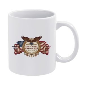 White glossy ceramic mug with vintage spread bald eagle, draped US flag badge and Land Of The Free Home Of The Brave 1776-2026 patriotic print for USA 250th anniversary daily beverage use